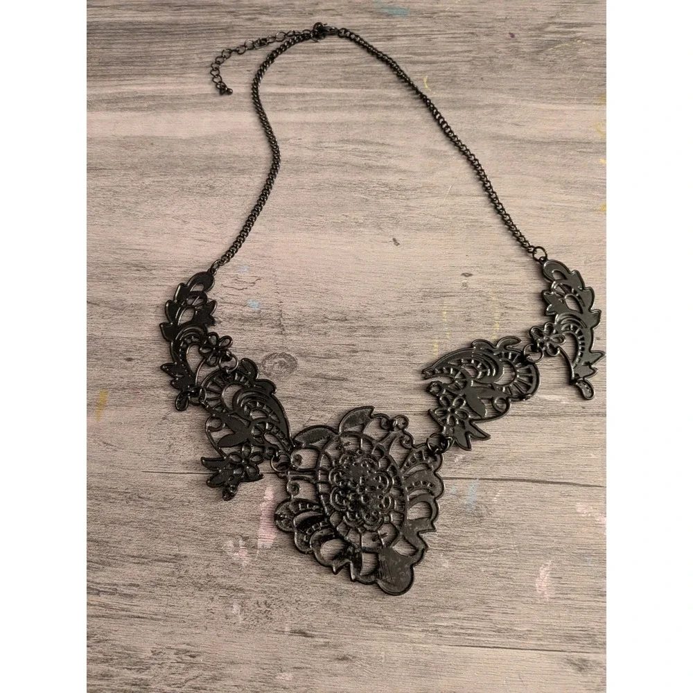 Black Filigree Bib Necklace Gothic Lace Style Statement Floral Metalwork